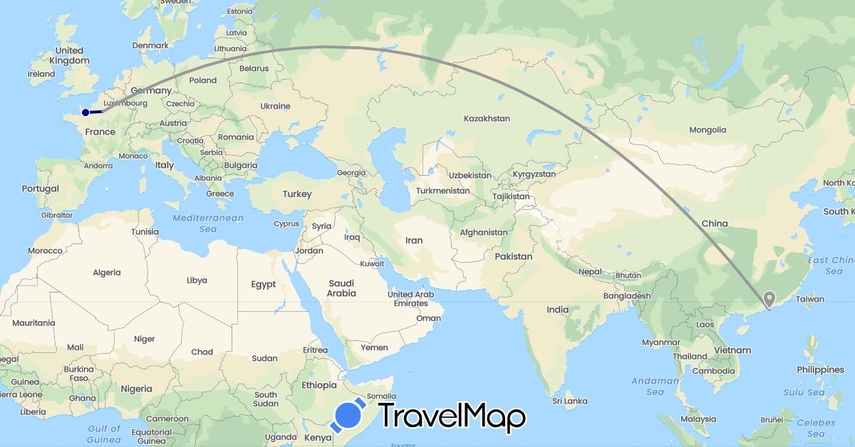 TravelMap itinerary: driving, plane in France, Hong Kong (Asia, Europe)